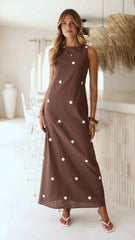 Vana Maxi Dress - Brown/White Polka