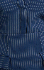 Ophelia Midi Dress - Collared Pinstripe Long Sleeve Fitted Dress in Navy
