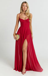 Kreanna Maxi Dress - Adjustable Strap Ruched Bodice Fit And Flare Dress in Red