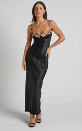 Harmony Midi Dress - Floral Detail Cup Bust Satin Dress in Black