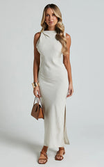 Jessenia Midi Dress - Linen High Neck Dress in Natural