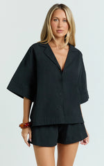Saina Two Piece Set - Button Through Shirt and Drawstring Shorts Set in Black