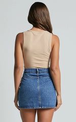 Gertrude Mini Skirt - High Waist Button Through Denim Skirt in Mid Blue Wash