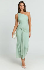 Mandy Midi Dress - Knot Detail Cut Out Mesh Dress in Sage