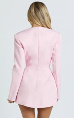 Ninette Mini Dress - V Neck Tulip Hem Blazer Dress in Pink