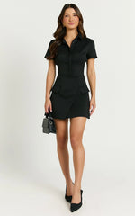 Noemie Mini Dress - Short Sleeve Faux Wrap Dress in Black