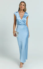 Hailey Maxi Dress - Cap Sleeve V Neck Dress in Blue