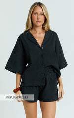 Saina Two Piece Set - Button Through Shirt and Drawstring Shorts Set in Black