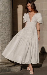 Mellie Midi Dress - Puff Sleeve Plunge Tiered Dress in White