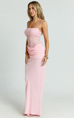 Rania Maxi Dress - Contrast Lace Bodice Bias Cowl Drop Waist Dress in Pink