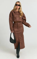 Nessa Midi Skirt - High Waisted Fitted Suede Skirt in Dark Chestnut