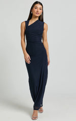 Lara Midi Dress - Asymmetrical Ruched Mesh Dress in Ink
