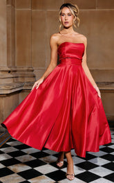 Helaina Midi Dress - Line Satin Dress in Red