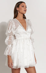 Solanna Mini Dress - Long Puff Sleeve V Neck Dress in White