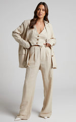 Larissa Trousers - Linen Mid Waisted Relaxed Straight Leg Trousers in Oatmeal
