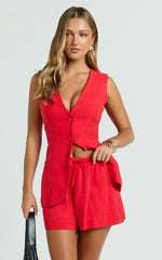 Olivia Shorts - Drawstring Relaxed Linen Shorts in Red