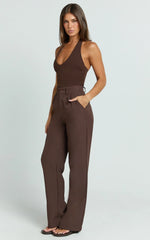 Melissa Pants - Pleat Front Wide Leg Tailored Pants in Chocolate