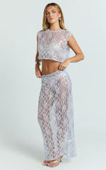 Gemmalyn Two Piece Top and Skirt Set - Sequin Lace Top And A Line Skirt in Pink