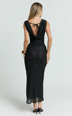 Nova Midi Dress - Lace Cowl Neck Tie Back Dress in Black