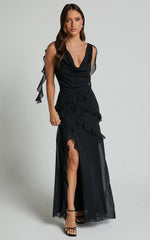 Lowen Maxi Skirt - High Waist Frill Thigh Split Skirt in Black