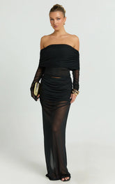 Roza Maxi Skirt - Mid Waist Sheer Mesh Skirt in Black