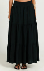 Ruby Midi Skirt - Shirred High Waist Cotton Tiered Skirt in Black