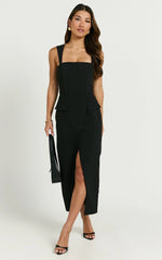 Garcia Midi Dress - Square Neck Wide Straps Fitted Wrap Skirt Dress in Black