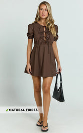 Hattie Mini Dress - Tie Front Puff Sleeve Dress in Chocolate