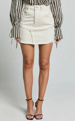 Pieta Mini Skirt - Recycled Cotton Raw Hem Denim Skirt in Ecru