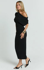 Nalfie Midi Dress - Tipped Shoulder Jersey Drape Dress in Black