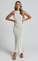 Jessenia Midi Dress - Linen High Neck Dress in Natural