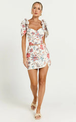 Kelsie Mini Skirt - Linen Mid Waist Side Split Skirt in Summer Chintz