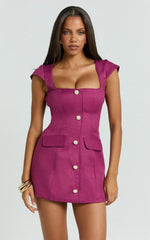 Patsy Mini Dress - Boucle Cap Sleeve Button Front Fitted Dress in Burgundy
