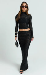 Kathleen Maxi Skirt - Mid Rise Ruched Wide Band Fishtail Jersey Skirt in Black