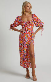 Rosario Midi Dress - Ruched Bust Puff Sleeve Dress in Spring Floral