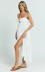 Lucienne Midi Dress - Ruched Button Up Front Dress in White