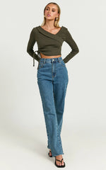 Keisha Top - Asymmetrical Long Sleeve Drawstring Top in Dark Olive