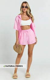 Ramona Linen Shorts - Drawstring Linen Shorts in Pink