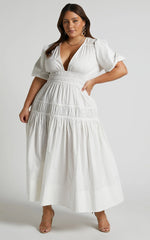 Mellie Midi Dress - Puff Sleeve Plunge Tiered Dress in White