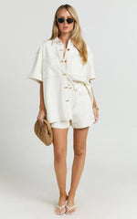 Rhianna Shorts - Mid Waist Recycled Denim Shorts in Ecru with Contrast Tobacco Stitch
