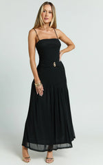 Nathaly Midi Dress - Drop Waist Dress with Gold Detail in Black