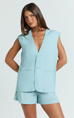 Marlee Two Piece Set - Linen Look Button Through Vest and Shorts Set in Blue
