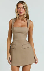 Garrett Mini Dress - Square Neck Fit And Flare Dress in Mocha