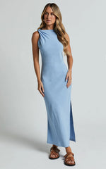 Jessenia Midi Dress - Linen High Neck Dress in Blue