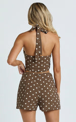 Lillie Two Piece Set - Halter Top And Matching Shorts Set in Chocolate Polka Dot