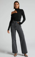 Kiefer Top - Asymmetric Long Sleeve Cutout Top in Black