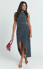 Jenni Midi Skirt - Asymmetric Cross Over Mid Waisted Skirt in Slate Grey