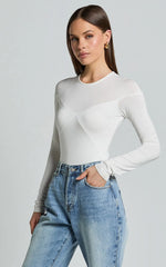 Kerryn Bodysuit - Long Sleeve Marl Cross Front Bodysuit in Ivory