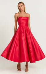Helaina Midi Dress - Line Satin Dress in Red