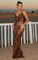 Hilary Maxi Dress - Sheer Cowl Neck Slip Dress in Leopard